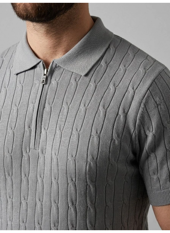 Erkek Yazlık Triko Saç Örgü Tişört Kısa Kol Polo Yaka Fermuarlı T-Shirt - Gri Erkek Yazlık Triko Saç Örgü Tişört Kısa Kol Polo Yaka Fermuarlı T-Shirt - Gri