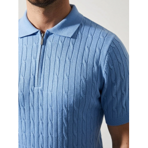Erkek Yazlık Triko Saç Örgü Tişört Kısa Kol Polo Yaka Fermuarlı T-Shirt - Bebe Mavisi