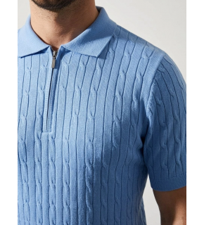 Erkek Yazlık Triko Saç Örgü Tişört Kısa Kol Polo Yaka Fermuarlı T-Shirt - Bebe Mavisi