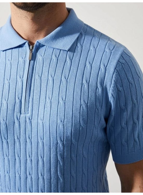 Erkek Yazlık Triko Saç Örgü Tişört Kısa Kol Polo Yaka Fermuarlı T-Shirt - Bebe Mavisi Erkek Yazlık Triko Saç Örgü Tişört Kısa Kol Polo Yaka Fermuarlı T-Shirt - Bebe Mavisi