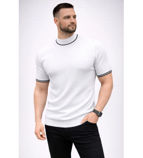 Erkek Fitilli Triko Dokuma Kısa Kol Tişört Yarım Boğaz Modern Yazlık T-Shirt - Beyaz