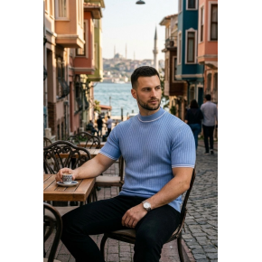Erkek Fitilli Triko Dokuma Kısa Kol Tişört Yarım Boğaz Modern Yazlık T-Shirt - Bebe Mavisi
