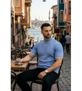 Erkek Fitilli Triko Dokuma Kısa Kol Tişört Yarım Boğaz Modern Yazlık T-Shirt - Bebe Mavisi