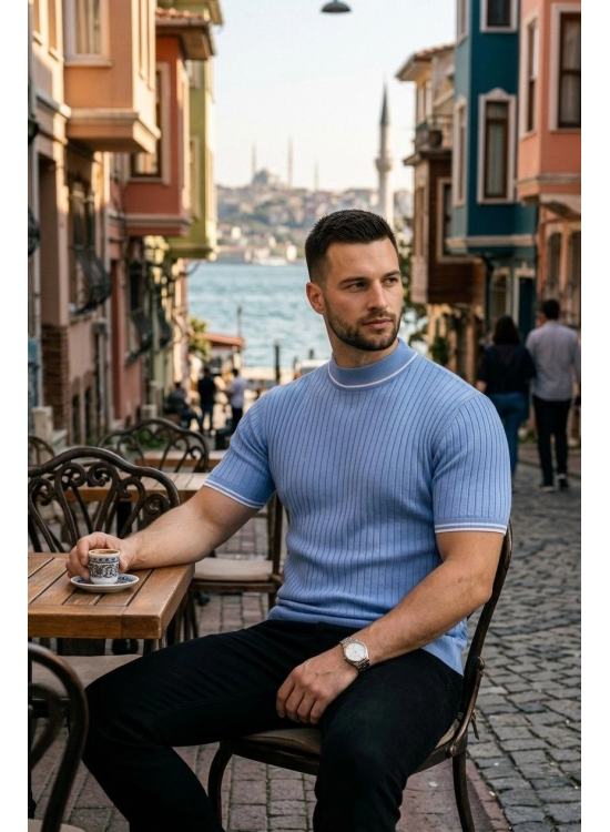 Erkek Fitilli Triko Dokuma Kısa Kol Tişört Yarım Boğaz Modern Yazlık T-Shirt - Bebe Mavisi Erkek Fitilli Triko Dokuma Kısa Kol Tişört Yarım Boğaz Modern Yazlık T-Shirt - Bebe Mavisi