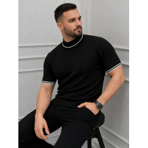 Erkek Fitilli Triko Dokuma Kısa Kol Tişört Yarım Boğaz Modern Yazlık T-Shirt - Siyah