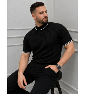 Erkek Fitilli Triko Dokuma Kısa Kol Tişört Yarım Boğaz Modern Yazlık T-Shirt - Siyah