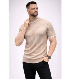 Erkek Fitilli Triko Dokuma Kısa Kol Tişört Yarım Boğaz Modern Yazlık T-Shirt - Bej