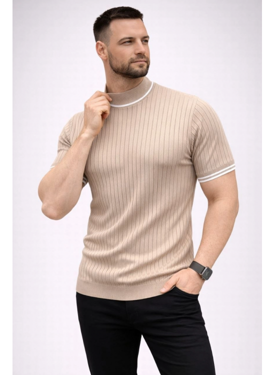 Erkek Fitilli Triko Dokuma Kısa Kol Tişört Yarım Boğaz Modern Yazlık T-Shirt - Bej Erkek Fitilli Triko Dokuma Kısa Kol Tişört Yarım Boğaz Modern Yazlık T-Shirt - Bej