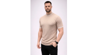 Erkek Fitilli Triko Dokuma Kısa Kol Tişört Yarım Boğaz Modern Yazlık T-Shirt - Bej Erkek Fitilli Triko Dokuma Kısa Kol Tişört Yarım Boğaz Modern Yazlık T-Shirt - Bej