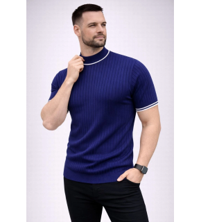 Erkek Fitilli Triko Dokuma Kısa Kol Tişört Yarım Boğaz Modern Yazlık T-Shirt - Lacivert