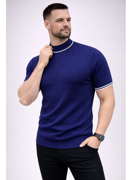 Erkek Fitilli Triko Dokuma Kısa Kol Tişört Yarım Boğaz Modern Yazlık T-Shirt - Lacivert Erkek Fitilli Triko Dokuma Kısa Kol Tişört Yarım Boğaz Modern Yazlık T-Shirt - Lacivert