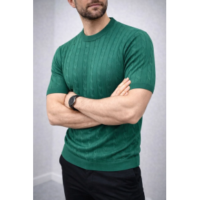 Erkek Yazlık Triko Dokuma Tişört Kısa Kol Bisiklet Yaka Örgü Desenli T-Shirt - Haki