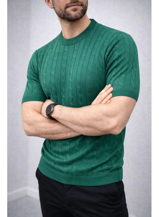Erkek Yazlık Triko Dokuma Tişört Kısa Kol Bisiklet Yaka Örgü Desenli T-Shirt - Haki Erkek Yazlık Triko Dokuma Tişört Kısa Kol Bisiklet Yaka Örgü Desenli T-Shirt - Haki