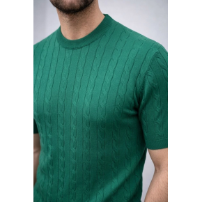 Erkek Yazlık Triko Dokuma Tişört Kısa Kol Bisiklet Yaka Örgü Desenli T-Shirt - Haki