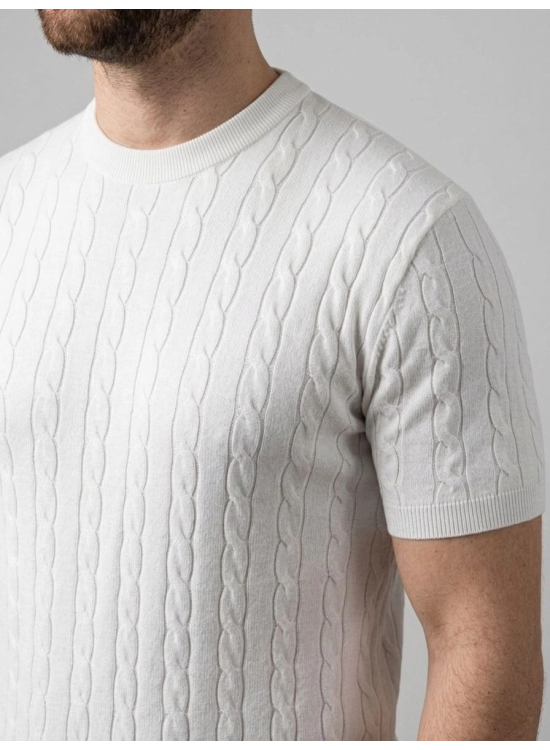 Erkek Yazlık Triko Dokuma Tişört Kısa Kol Bisiklet Yaka Örgü Desenli T-Shirt - Beyaz Erkek Yazlık Triko Dokuma Tişört Kısa Kol Bisiklet Yaka Örgü Desenli T-Shirt - Beyaz