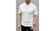 Erkek Yazlık Triko Dokuma Tişört Kısa Kol Bisiklet Yaka Örgü Desenli T-Shirt - Beyaz Erkek Yazlık Triko Dokuma Tişört Kısa Kol Bisiklet Yaka Örgü Desenli T-Shirt - Beyaz