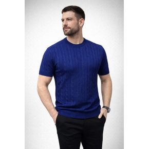 Erkek Yazlık Triko Dokuma Tişört Kısa Kol Bisiklet Yaka Örgü Desenli T-Shirt - Lacivert