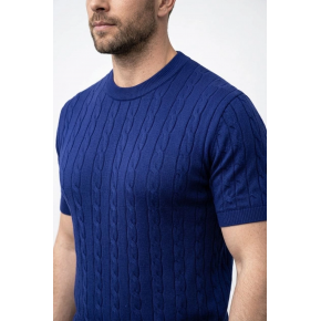 Erkek Yazlık Triko Dokuma Tişört Kısa Kol Bisiklet Yaka Örgü Desenli T-Shirt - Lacivert