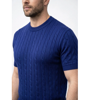 Erkek Yazlık Triko Dokuma Tişört Kısa Kol Bisiklet Yaka Örgü Desenli T-Shirt - Lacivert