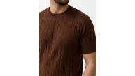 Erkek Yazlık Triko Dokuma Tişört Kısa Kol Bisiklet Yaka Örgü Desenli T-Shirt - Kahverengi Erkek Yazlık Triko Dokuma Tişört Kısa Kol Bisiklet Yaka Örgü Desenli T-Shirt - Kahverengi