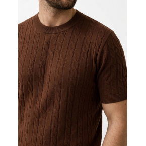 Erkek Yazlık Triko Dokuma Tişört Kısa Kol Bisiklet Yaka Örgü Desenli T-Shirt - Kahverengi
