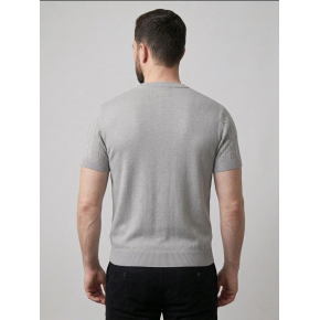 Erkek Yazlık Triko Dokuma Tişört Kısa Kol Bisiklet Yaka Örgü Desenli T-Shirt - Gri