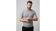 Erkek Yazlık Triko Dokuma Tişört Kısa Kol Bisiklet Yaka Örgü Desenli T-Shirt - Gri Erkek Yazlık Triko Dokuma Tişört Kısa Kol Bisiklet Yaka Örgü Desenli T-Shirt - Gri