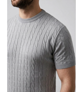 Erkek Yazlık Triko Dokuma Tişört Kısa Kol Bisiklet Yaka Örgü Desenli T-Shirt - Gri
