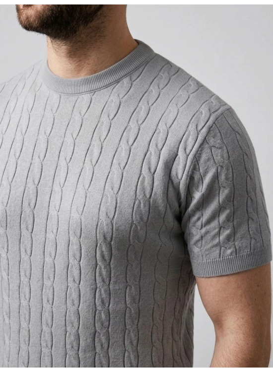 Erkek Yazlık Triko Dokuma Tişört Kısa Kol Bisiklet Yaka Örgü Desenli T-Shirt - Gri Erkek Yazlık Triko Dokuma Tişört Kısa Kol Bisiklet Yaka Örgü Desenli T-Shirt - Gri