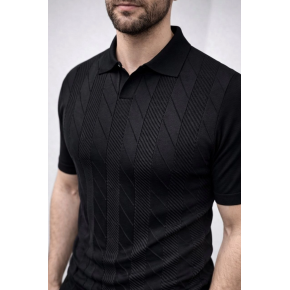 Erkek Yazlık Triko Dokuma Tişört Kısa Kol Polo Yaka T-Shirt - Siyah