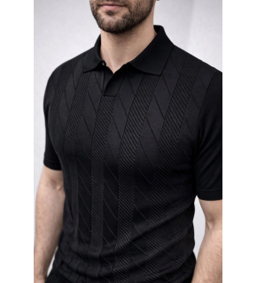 Erkek Yazlık Triko Dokuma Tişört Kısa Kol Polo Yaka T-Shirt - Siyah