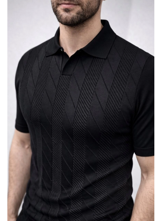 Erkek Yazlık Triko Dokuma Tişört Kısa Kol Polo Yaka T-Shirt - Siyah Erkek Yazlık Triko Dokuma Tişört Kısa Kol Polo Yaka T-Shirt - Siyah