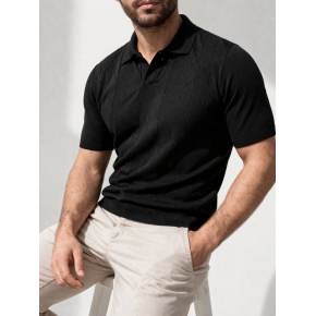 Erkek Yazlık Triko Dokuma Tişört Kısa Kol Polo Yaka T-Shirt - Siyah