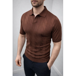 Erkek Yazlık Triko Dokuma Tişört Kısa Kol Polo Yaka T-Shirt - Kahverengi
