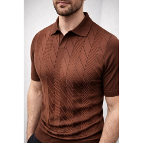 Erkek Yazlık Triko Dokuma Tişört Kısa Kol Polo Yaka T-Shirt - Kahverengi