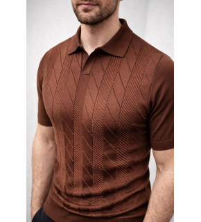 Erkek Yazlık Triko Dokuma Tişört Kısa Kol Polo Yaka T-Shirt - Kahverengi
