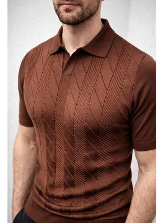 Erkek Yazlık Triko Dokuma Tişört Kısa Kol Polo Yaka T-Shirt - Kahverengi Erkek Yazlık Triko Dokuma Tişört Kısa Kol Polo Yaka T-Shirt - Kahverengi