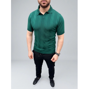Erkek Yazlık Triko Dokuma Tişört Kısa Kol Polo Yaka T-Shirt - Koyu Yeşil