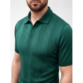 Erkek Yazlık Triko Dokuma Tişört Kısa Kol Polo Yaka T-Shirt - Koyu Yeşil