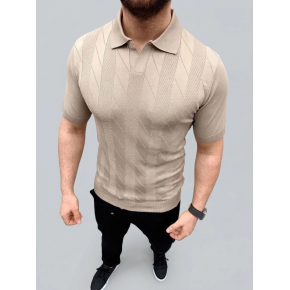 Erkek Yazlık Triko Dokuma Tişört Kısa Kol Polo Yaka T-Shirt - Bej