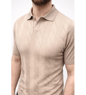 Erkek Yazlık Triko Dokuma Tişört Kısa Kol Polo Yaka T-Shirt - Bej