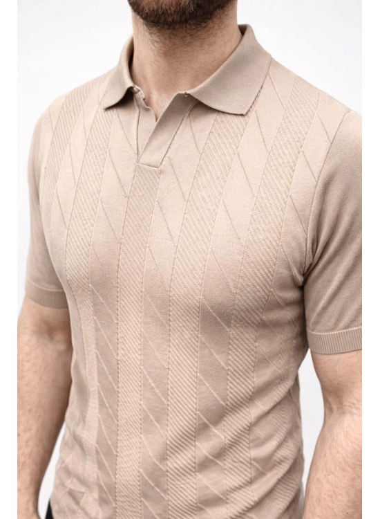 Erkek Yazlık Triko Dokuma Tişört Kısa Kol Polo Yaka T-Shirt - Bej Erkek Yazlık Triko Dokuma Tişört Kısa Kol Polo Yaka T-Shirt - Bej