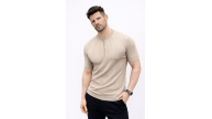 Erkek Kısa Kol Fitilli Triko T-Shirt Yazlık Hakim Yaka Tişört - Bej Erkek Kısa Kol Fitilli Triko T-Shirt Yazlık Hakim Yaka Tişört - Bej