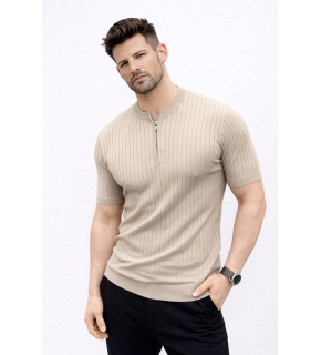 Erkek Kısa Kol Fitilli Triko T-Shirt Yazlık Hakim Yaka Tişört - Bej