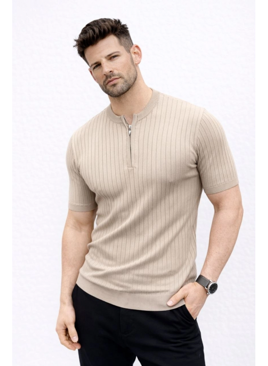 Erkek Kısa Kol Fitilli Triko T-Shirt Yazlık Hakim Yaka Tişört - Bej Erkek Kısa Kol Fitilli Triko T-Shirt Yazlık Hakim Yaka Tişört - Bej