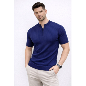 Erkek Kısa Kol Fitilli Triko T-Shirt Yazlık Hakim Yaka Tişört - Lacivert