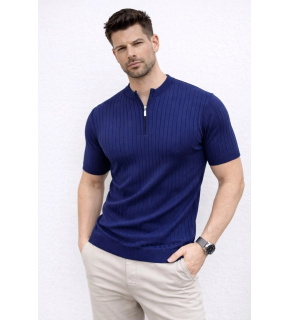 Erkek Kısa Kol Fitilli Triko T-Shirt Yazlık Hakim Yaka Tişört - Lacivert