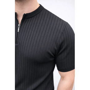 Erkek Kısa Kol Fitilli Triko T-Shirt Yazlık Hakim Yaka Tişört - Siyah
