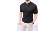 Erkek Kısa Kol Fitilli Triko T-Shirt Yazlık Hakim Yaka Tişört - Siyah Erkek Kısa Kol Fitilli Triko T-Shirt Yazlık Hakim Yaka Tişört - Siyah