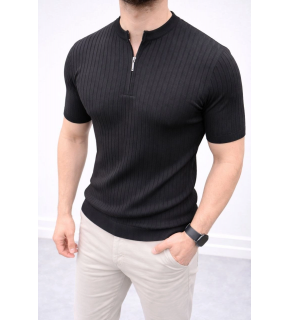 Erkek Kısa Kol Fitilli Triko T-Shirt Yazlık Hakim Yaka Tişört - Siyah